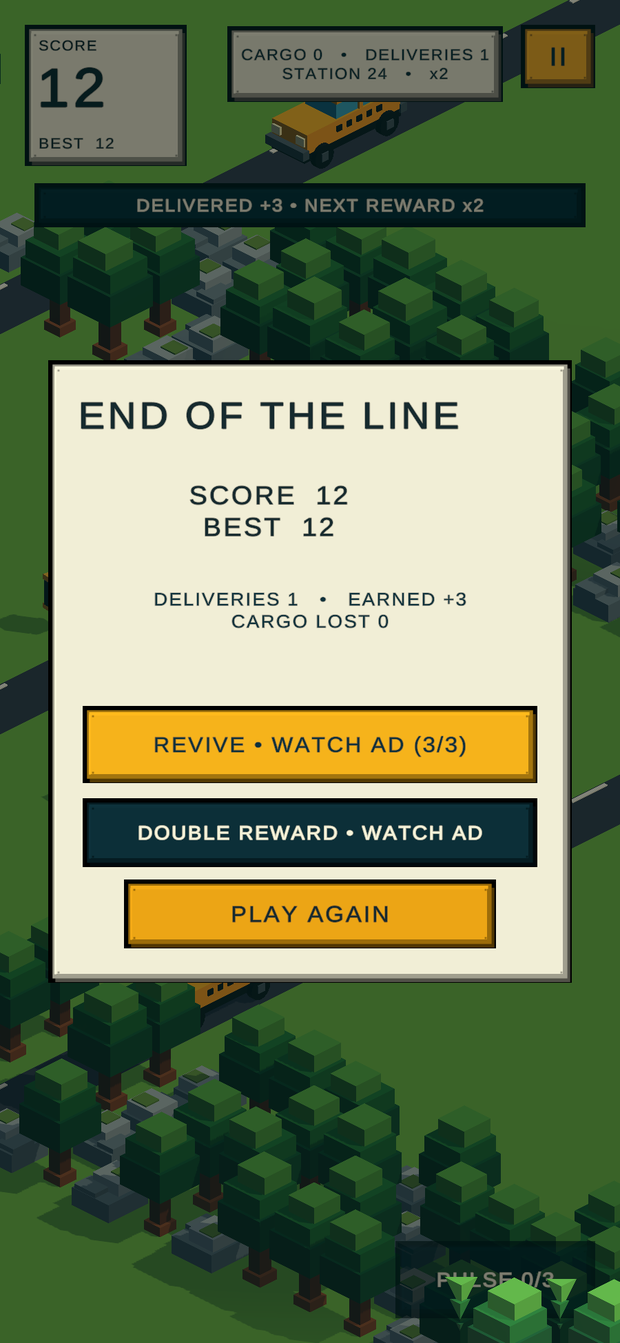 Two optional rewarded ads — revive, or double the run.